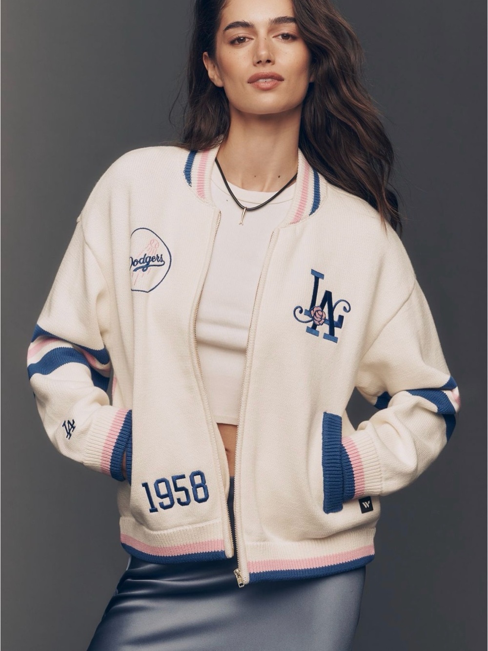 Anthropologie The Wild Collective LA Dodgers MLB Cardigan Sweater Bomber Jacket - Picture 2 of 3